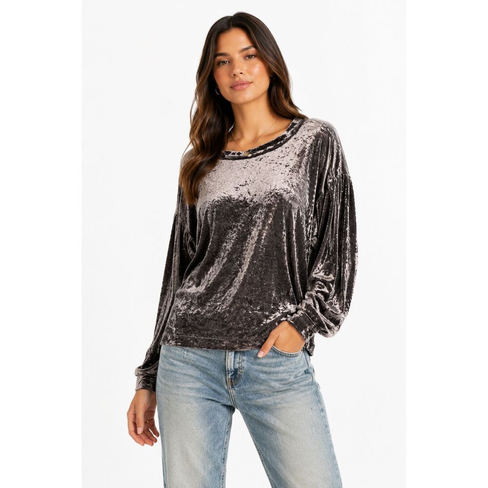 We The Free Milan Womens Crushed Velvet Top Medium Gray Blue Slouchy Y2K Boho